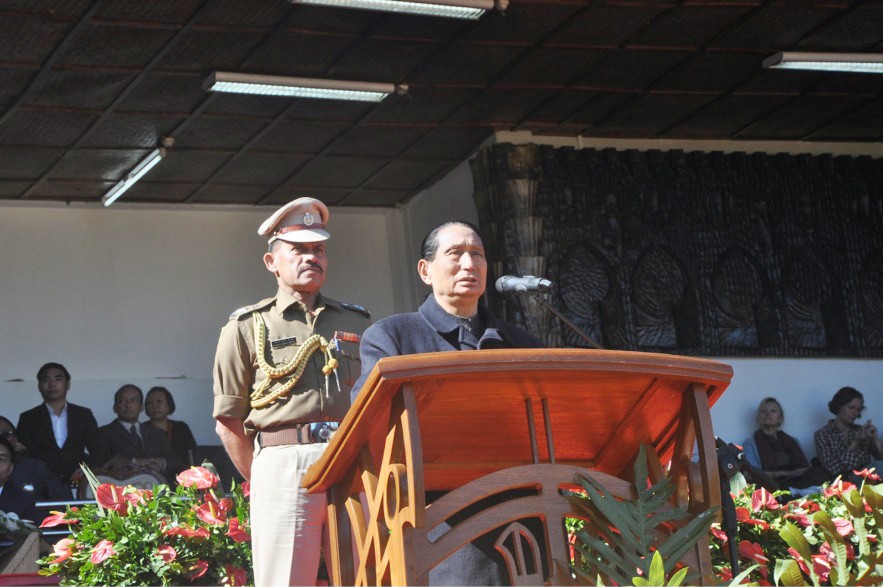 Odisha’s Governor and the former Chief Minister of Nagaland, Dr SC Jamir speaking on the second day of the 18th Hornbill Festival at Naga Heritage Village, Kisama on December 2. (DIPR Photo)